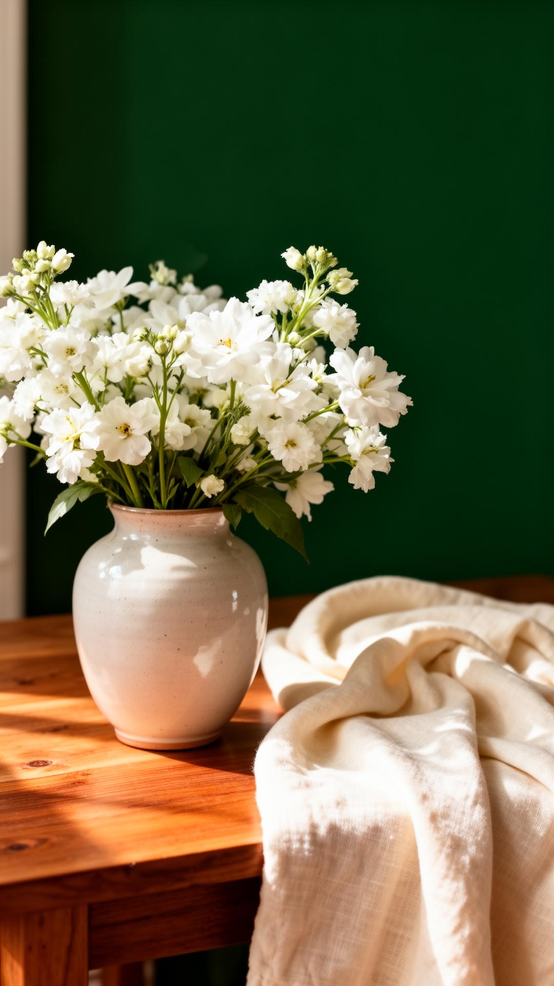 White flowers in a ceramic vase on a warm wooden table